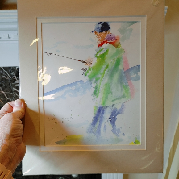 WATERCOLOR MATTED PRINT OF FISHERMAN AT CROSS SOUND LODGE ALASKA 14 X 11 - Picture 2 of 6